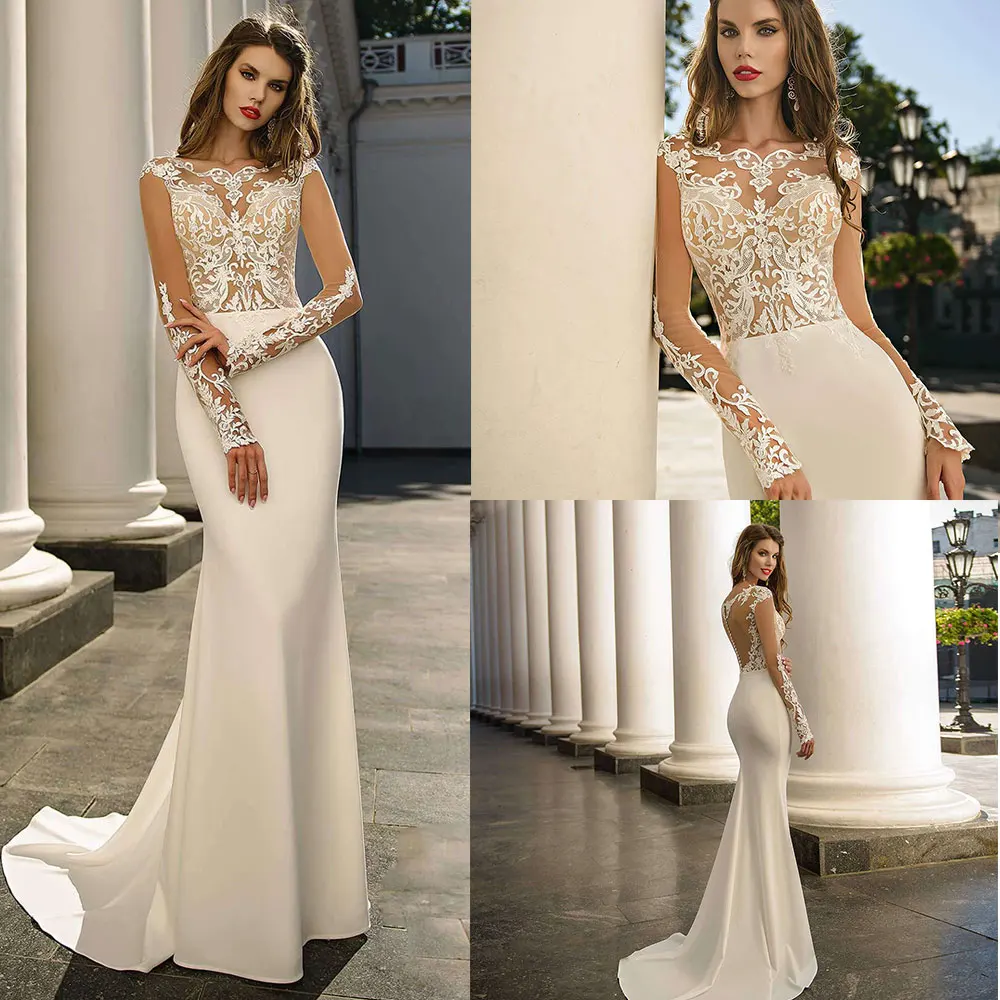

Elegant Mermaid Wedding Dresses Long Sleeves Boat Neck Illusion Lace Appliques Sweep Train Beach Bridal Gown Vestido De Noiva