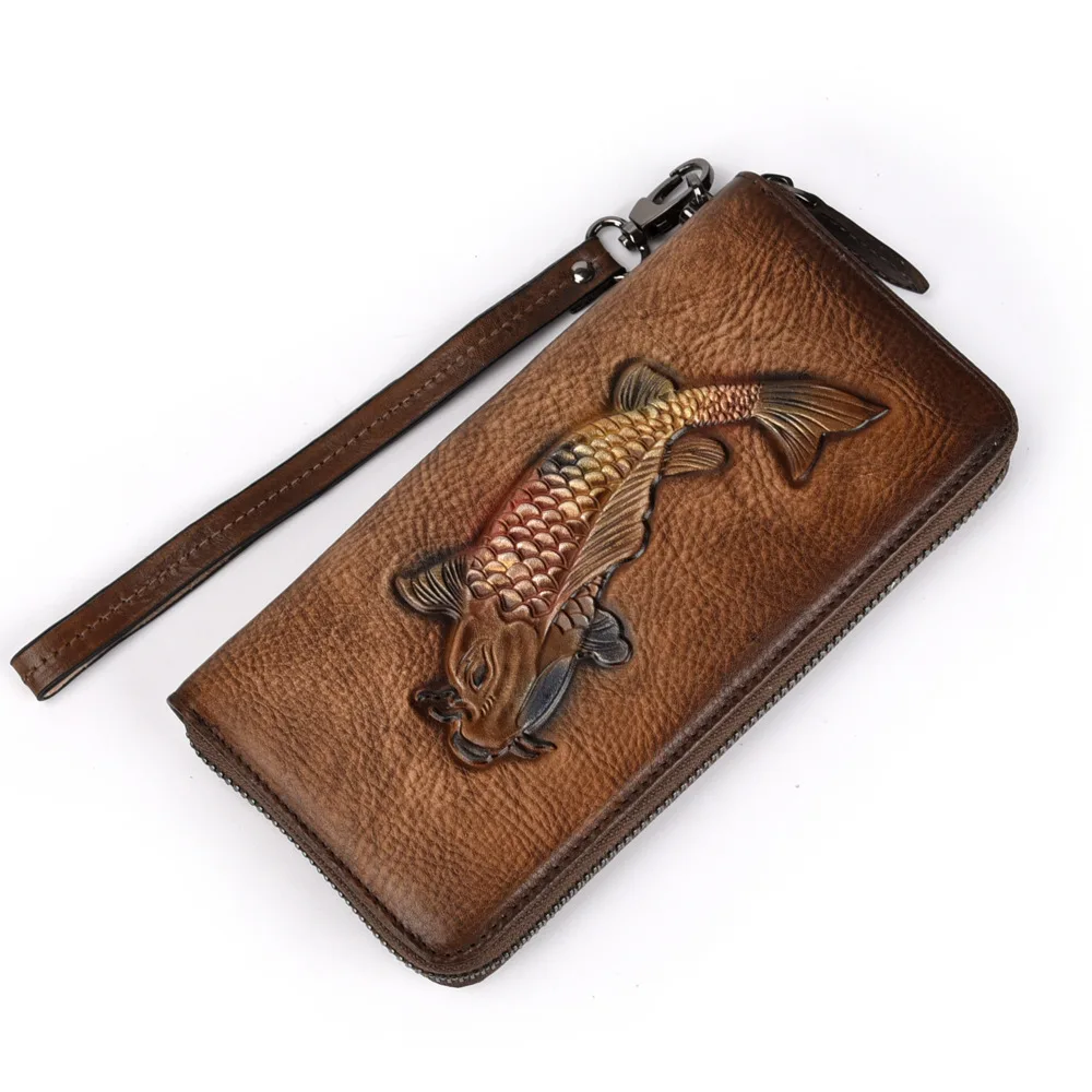 

genuine leather long purse fish print zipper wallet handmade for women high quality