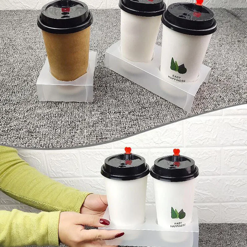 

50pcs Disposable Coffee Tray Drink Carrier Frosted Plastic Cup Holder For Food Delivery Coffee Takeaway Shops Cold Drinks Holder