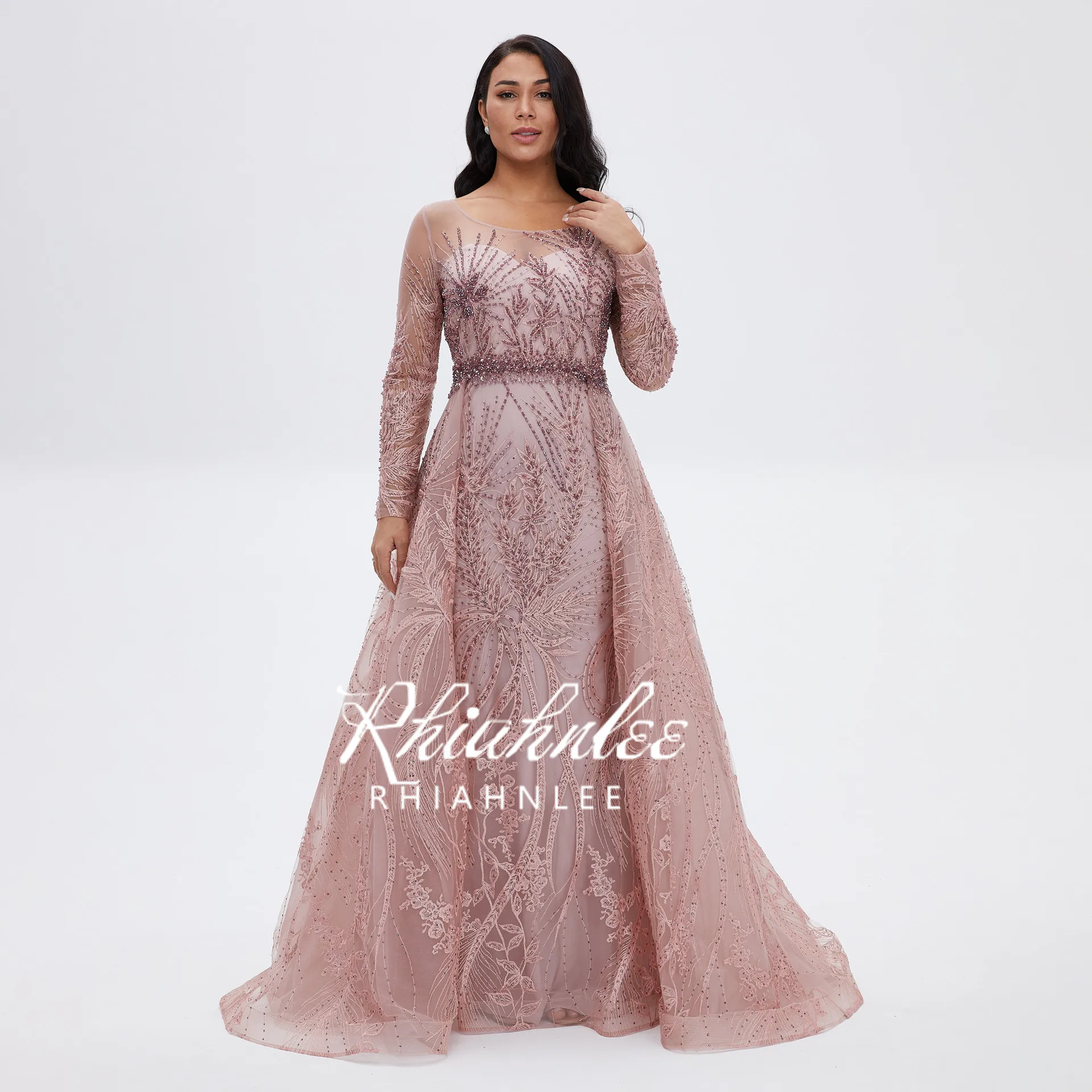 Розовое вечернее платье Rhiahnlee с глубоким декольте кружевное бисером до пола RA0026