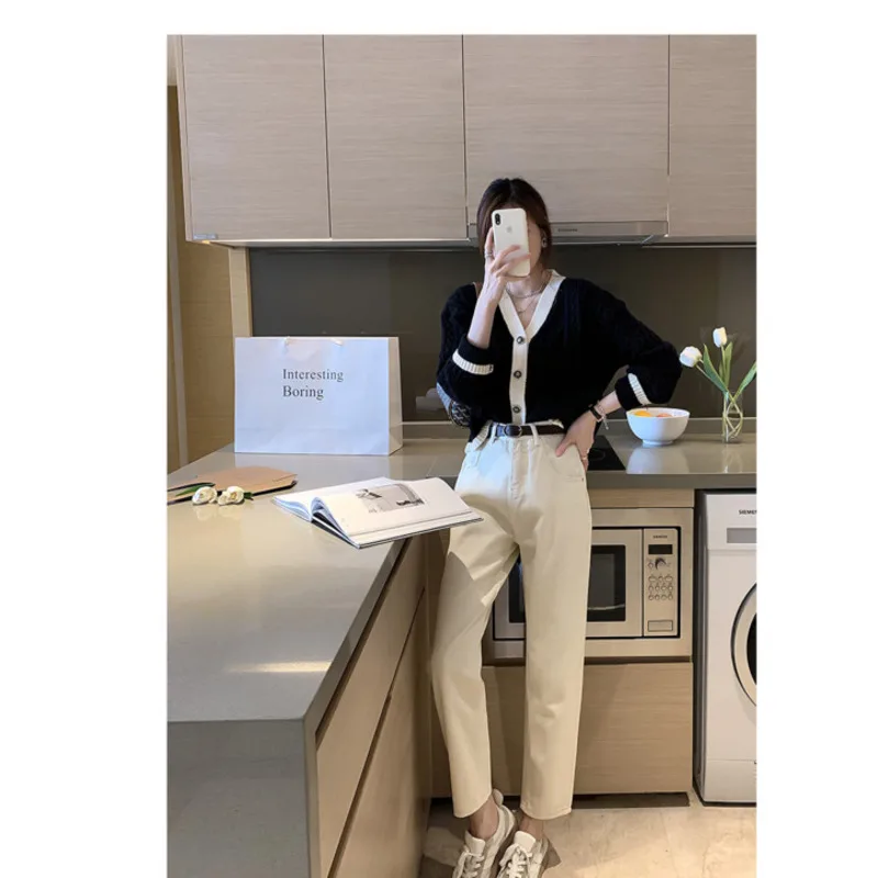 

V-neck Knitted Cardigan Top Women's 2021 Autumn New Color Contrast Loose Outer Sweater Coat Fashion Wn*
