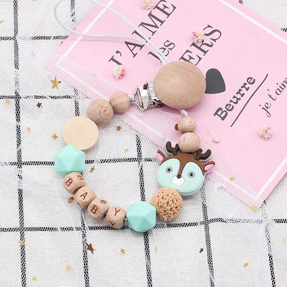 Personalize Name Baby Pacifier Clips Deer Head Soother Chain Infant Dummy Clips Baby Silicone Pacifier Holder Chain BPA Free