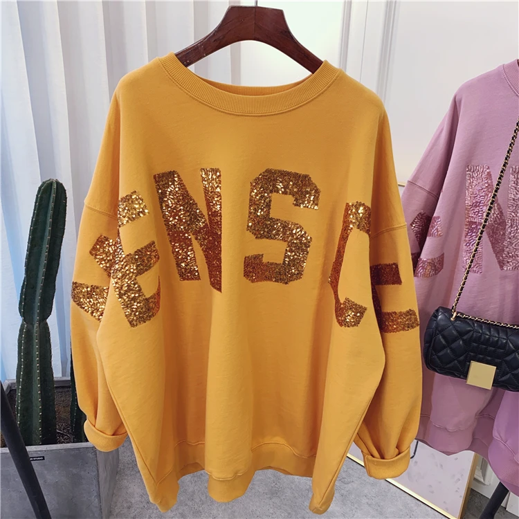2020 Spring and Autumn New Oversized Hoodie Coat Korean Casual Sequined Letters Lazy Wind Loose Pullover Hoody Women Sweatshirt | Женская