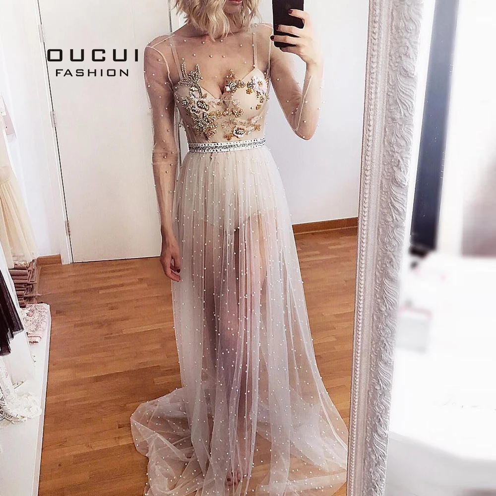 

Women Long Sleeves Evening Party Dresses Long 2019 Robe De Soiree Appliques Pearls Perspective Sexy Prom Dresses OL103559
