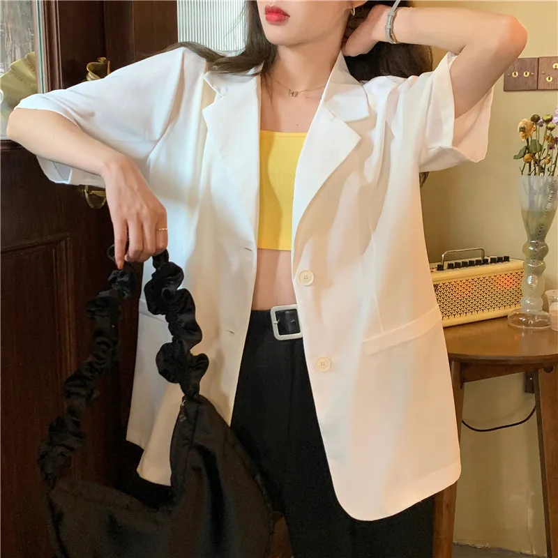 

HziriP 2021 Minimalist Sunscreen Retro All-Match Chic Elegance OL Hot Femme Summer Streetwear Loose-Fitting OL Cardigans Blazers