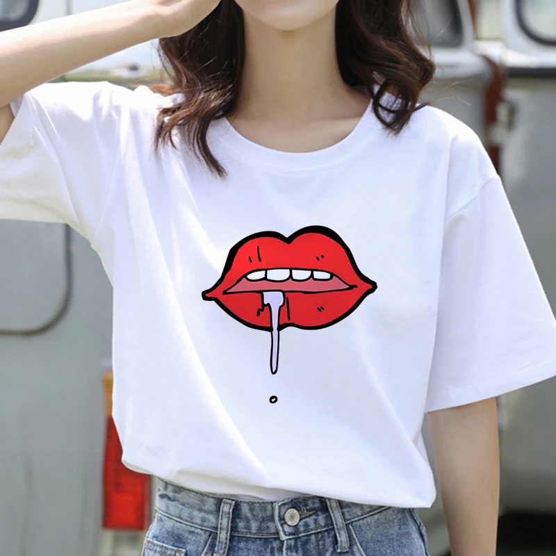 Футболка женская с коротким рукавом милая рубашка принтом красных губ в стиле