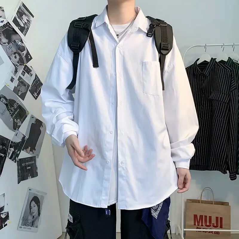 

New Year's White Long Sleeve Shirt Loose-fitting Couples Casual Hip Hop Collegiate Style Commute