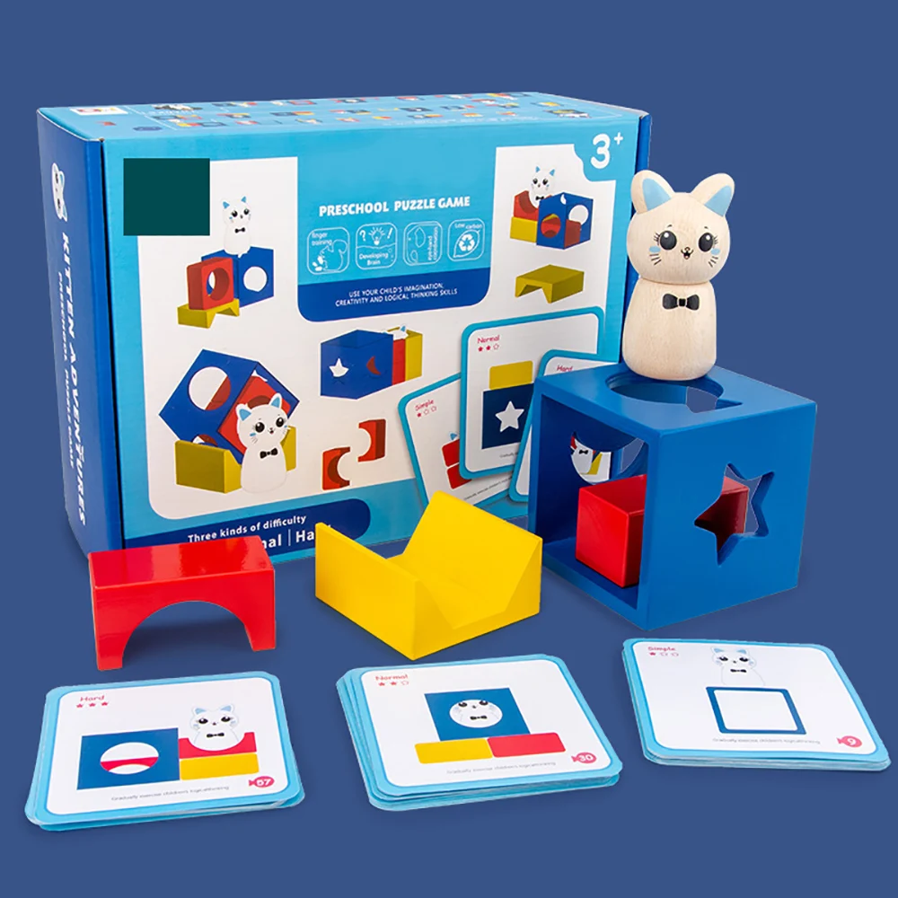 

Children Montessori Wooden Box Creative Kitty Adventures Assembling Building Blocks Toys Kids Early Teaching Toy Gift