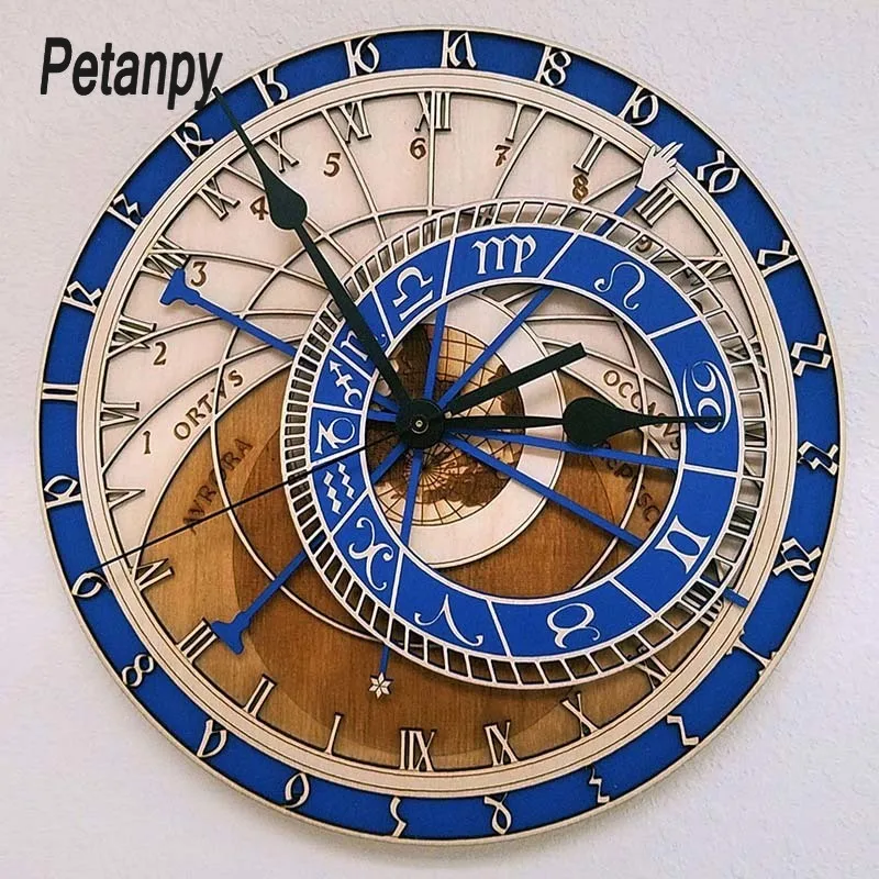 

Creative wall clock Prague Astronomical Wooden Clock Living Room Wall Clock Quartz Clock Home Decoratio