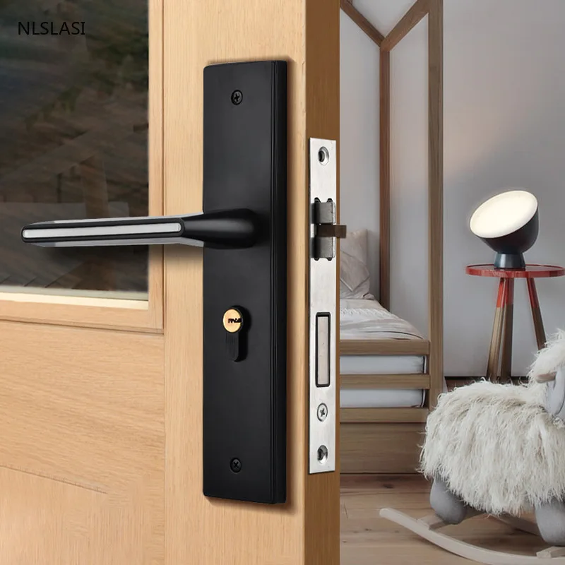 

Indoor black mute luminous door lock bedroom door lock room wooden door lock aluminum alloy handle lock hardware accessories
