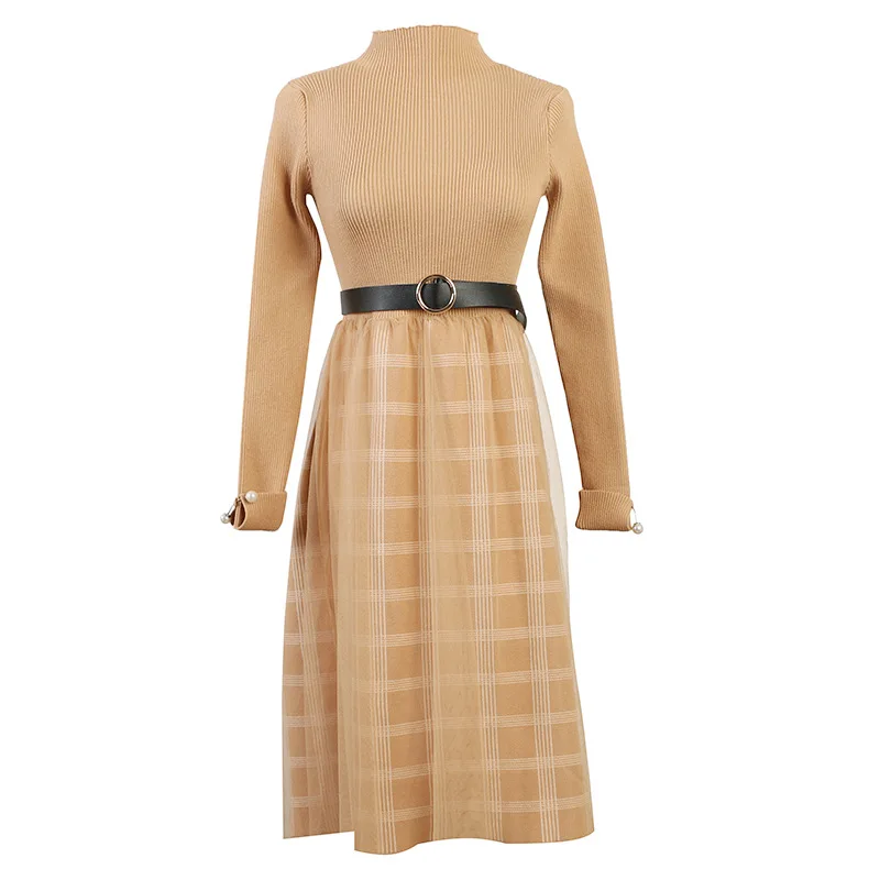 Женское трикотажное платье облегающее с поясом в полоску и длинным рукавом Осень