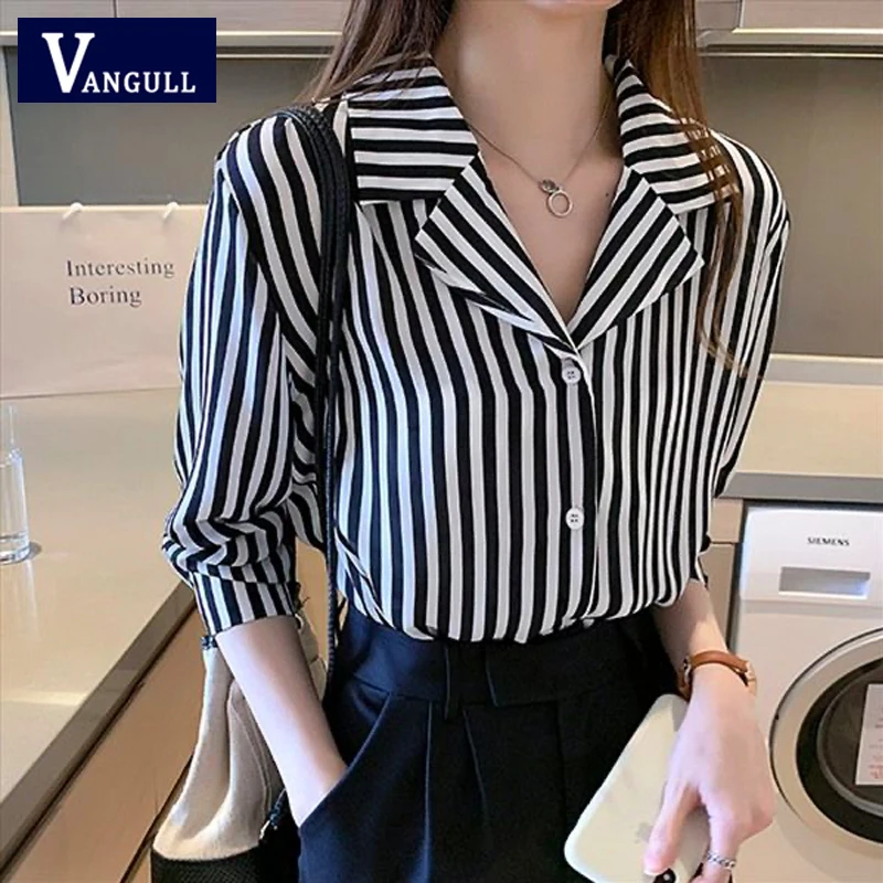 

Vangull Vertical Striped Shirt Women Spring Autumn Single Breasted Long Sleeve Korean Fashion Slim Blouse Lapel Thin Female Tops