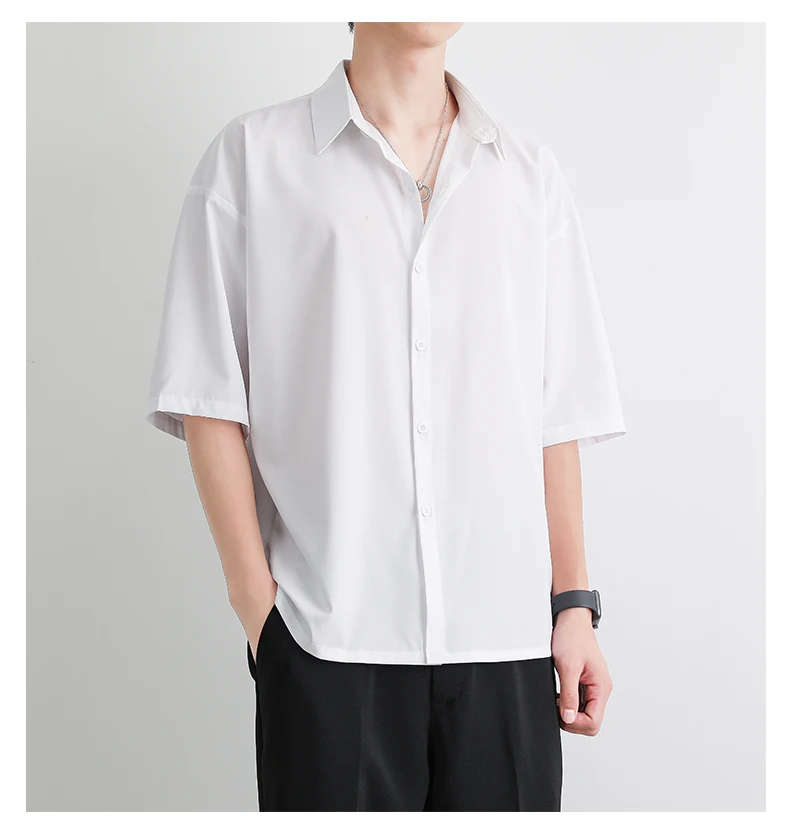 Мужская шелковая рубашка с коротким рукавом Lce тонкая Свободная белая оборками
