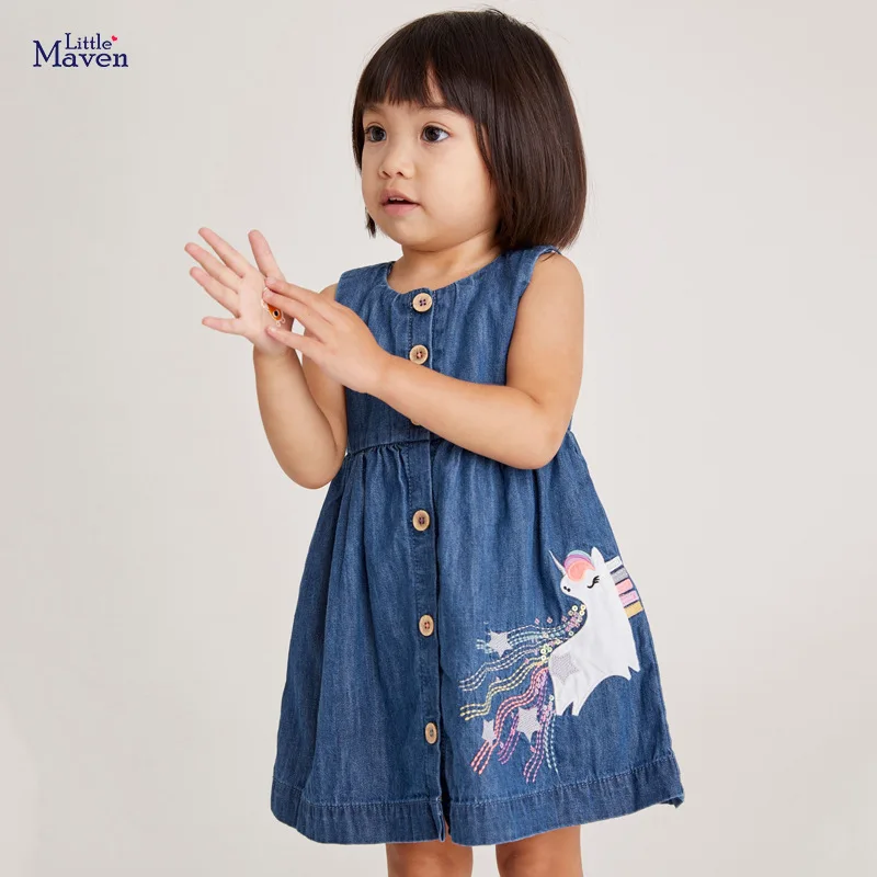 

Children 2022 Summer New Baby Girl Clothes Unicorn Applique Denim Sundress Pinafore Sleeveless Dress for Kids 2 3 4 5 6 7 Years