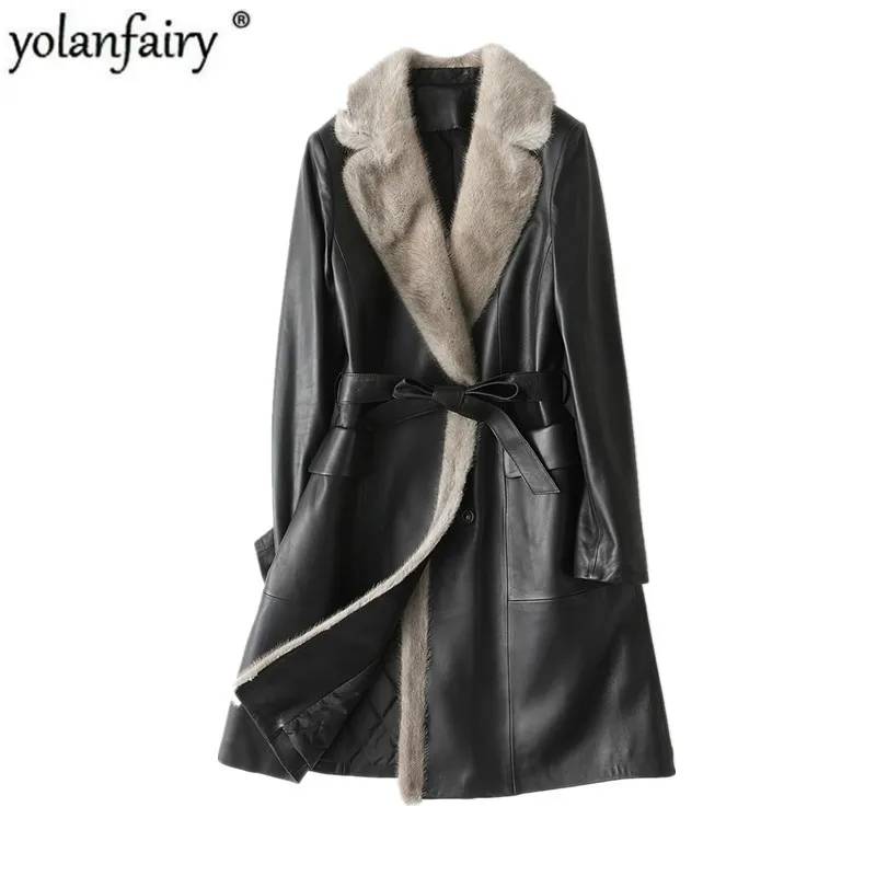 YOLANFAIRY Genuine Leather Jacket Women Sheepskin Winter Warm Mink Fur Collar Down Cotton Coat HQ18-YY1079B MF241 | Женская одежда