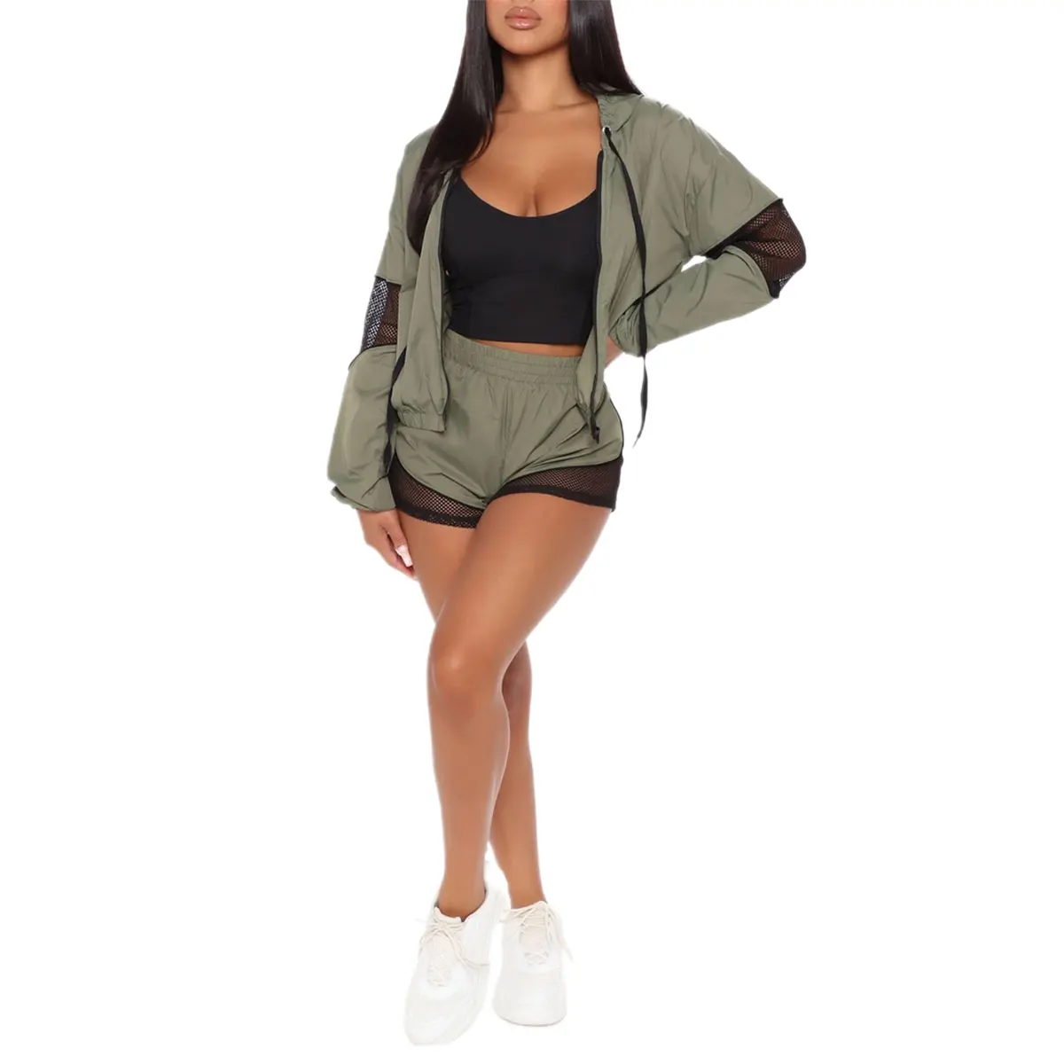 

3 Pieces Sports Suit Set, Women s U-Neck Vest+ Long Sleeve Hooded Coat+ Shorts, Black/Army Green