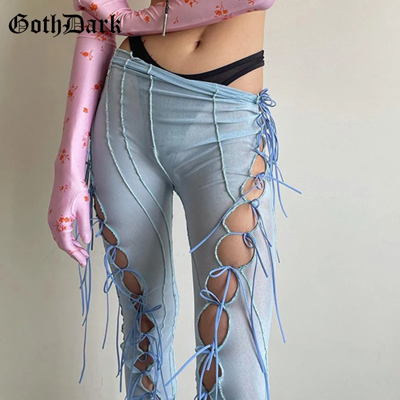 Goth Dark Y2k E-Girl Punk Black Women Flare Pants Cyber Mesh Techwear Bandage Sexy Trousers Patchwork Skinny Fashion Streetwear