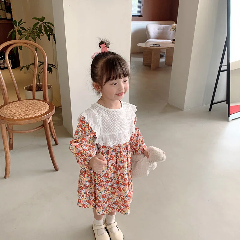 

Детское платье, Новинка осени 2021, хлопковая одежда с длинным рукавом для малышей, корейское кружевное платье принцессы с разбитыми цветами ...