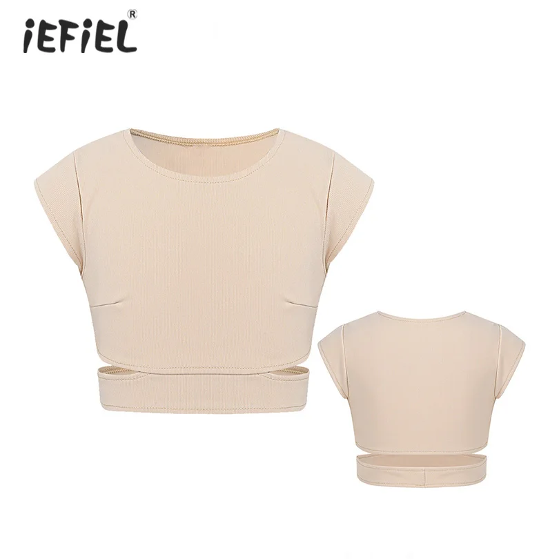

iEFiEL Kids Girls Cap Sleeves Stretchy Cutout Waist Tanks Top Bra Tops Ballet Dance Crop Top Stage Performance Workout Camisoles