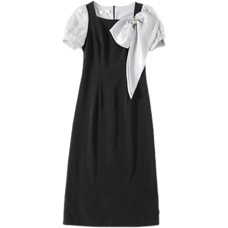 

Gezelligheid Dresses For Women 2021 Summer New Fashion French Elegant Retro Puff Sleeve Bow Knot Slim Bag Hip Sexy Midi Dress