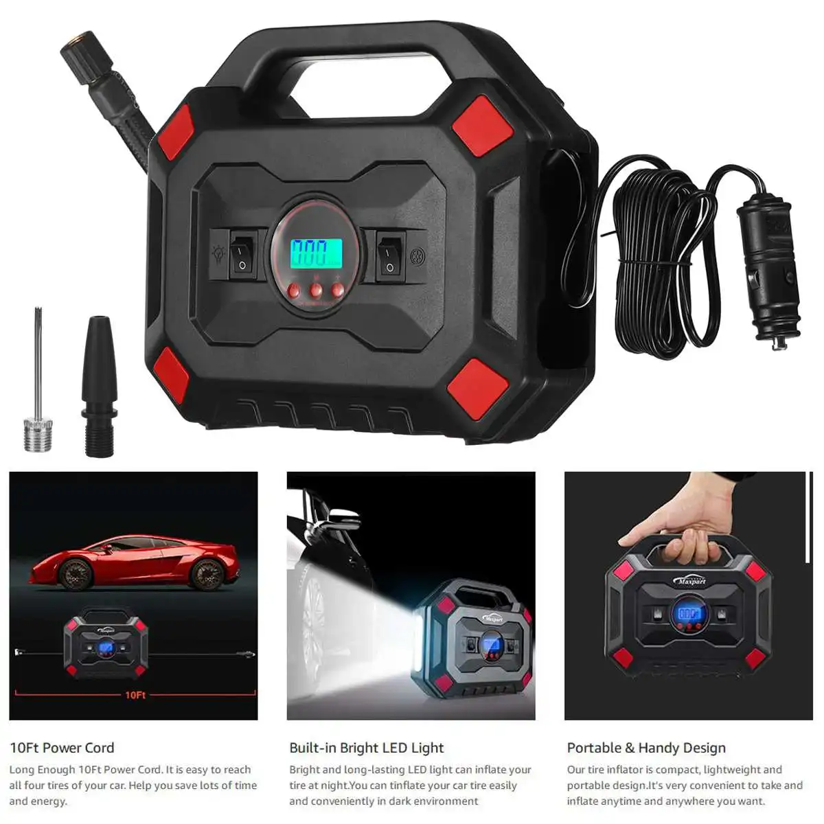 Лобовое цифровое насосное устройство для шин с ЖК-дисплеем на 12 В для автомобиля, портативный насос для воздуха с компрессором 150PSI и USB-питанием для надувания моторных велосипедов.