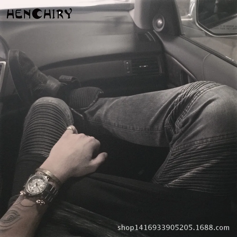 

Autumn Men's Jeans European American Hot Sale Fashion Plicated Slim Pencil Pants Micro Elastic Denim Trousers Men Clothing