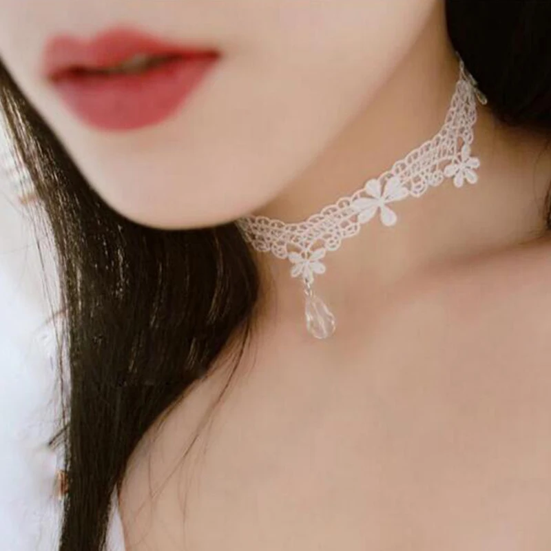 

Gothic Black White Lace Choker Party Jewelry Gift For Women Elegant Crystal Clavicle Chain Accessories Flower Collar Necklaces