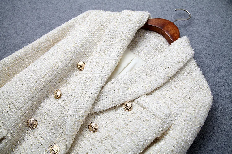 

Runway Designer Blazer Women's Double Breasted Metal Button Long Sleeve Notched Collar Jacket Wool Blends Tweed Blazer Coat