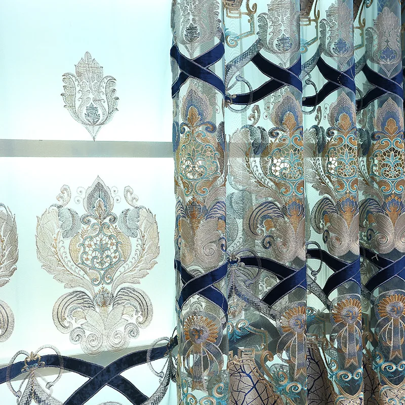 Европейская роскошная занавеска с вышивкой для гостиной голубой балдахин