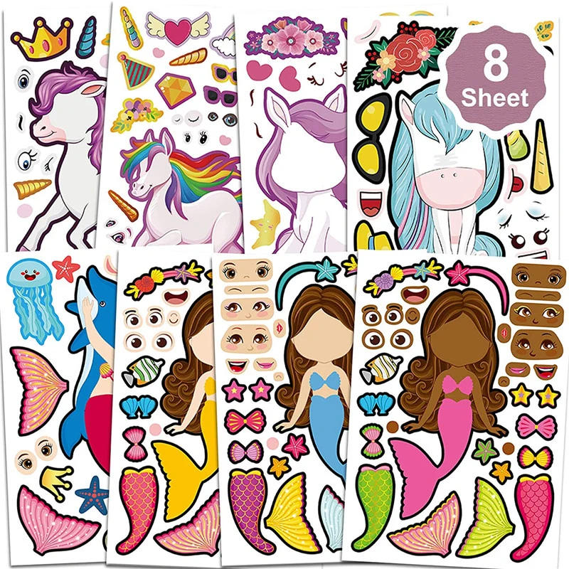 8pcs Cute Cartoon Make-A-Face Stickers Set Mermaid Unicorn DIY Puzzle Games Kids Stickers Children Birthday Gift Education Toys