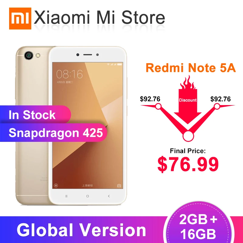 Глобальная версия, Xiaomi Redmi Note 5A, 2 Гб ОЗУ, 16 Гб ПЗУ, мобильный телефон Snapdragon 425, камера 5,5 МП, аккумулятор 3080 дюйма, мАч