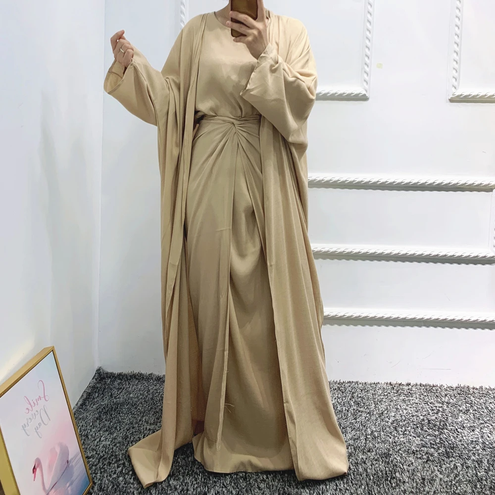 Комплект из 3 предметов для женщин, мусульманская Линен, Дубай, Арабская скромная одежда, простая кимоно, открытая абайя, макси-платье с запа...