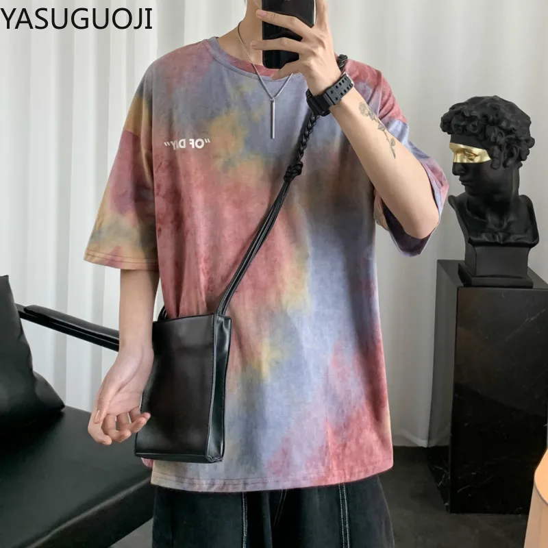 YASUGUOJI мужская Японская уличная одежда с краской для галстука футболка летняя в