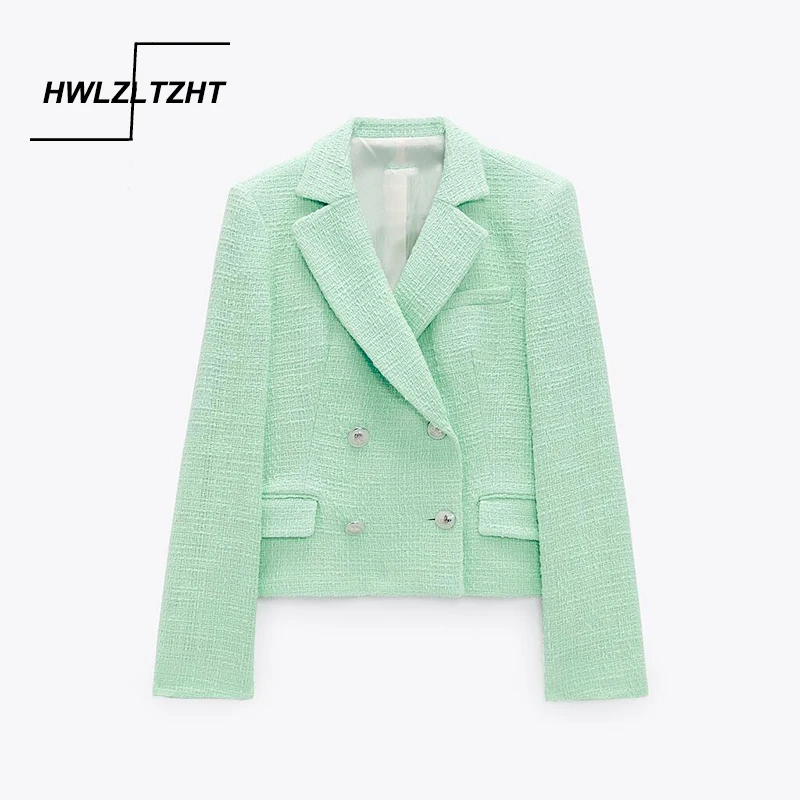 

HWLZLTZHT 2 Pieces Set Women Fashion Texture Cropped Blazer+Shorts Set Vintage Double Breasted With Pocket Woman Suit Sets