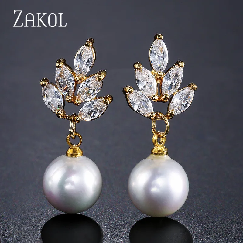 Gold Color Элегантные висячие серьги ZAKOL с кубическим цирконием и искусственным жемчугом в виде листьев для женщин, модные свадебные ювелирные изделия FSEP499 - Metal Color: Gold Color