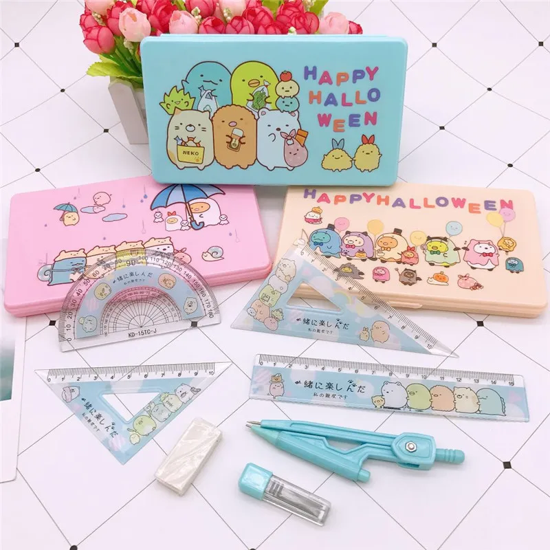

4Pcs/set Japan Cartoon Math Sets Compasses+0.5 lead core+ rubber sassafras+ ruler Plotter professional sub-regulation tool