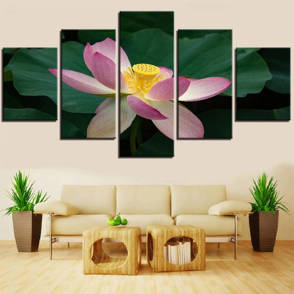 

5 Pieces Lotus Canvas Painting Pink Flowers Wallpapers Green Leaves Posters Plants Landscape Pictures For Home Room Decor Art