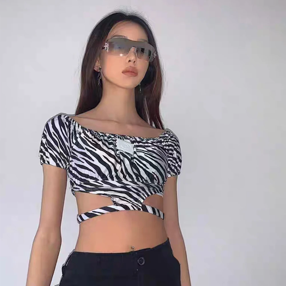 

Summer New Sexy Short-Sleeved T-Shirt Women's Side Collar Was Thin Zebra Stripe Printed Tight-Fitting Umbilical Top