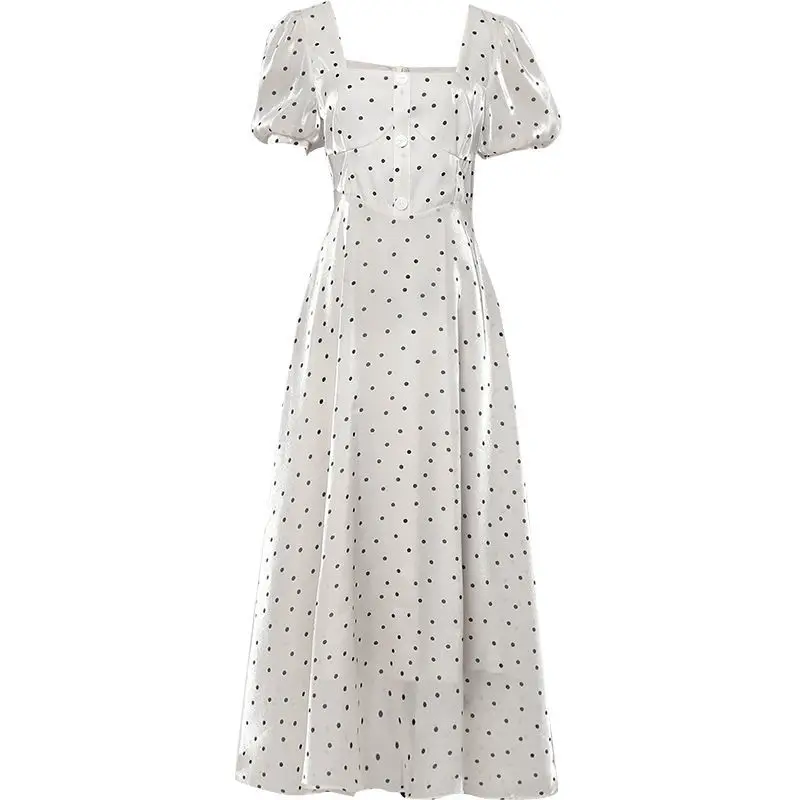 

Fashion Women Elegant Dress Summer Dot Print Puff Sleeve Dress Vintage Zip Flare Retro Knee Length Dress Polka Dot Dress