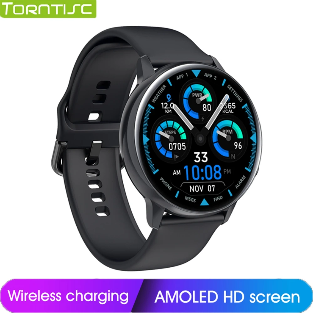Torntisc Беспроводная зарядка HD Полный сенсорный круглый AMOLED умные часы для мужчин и женщин на Android телефон Smartwatch Ip68 Водонепроницаемость.