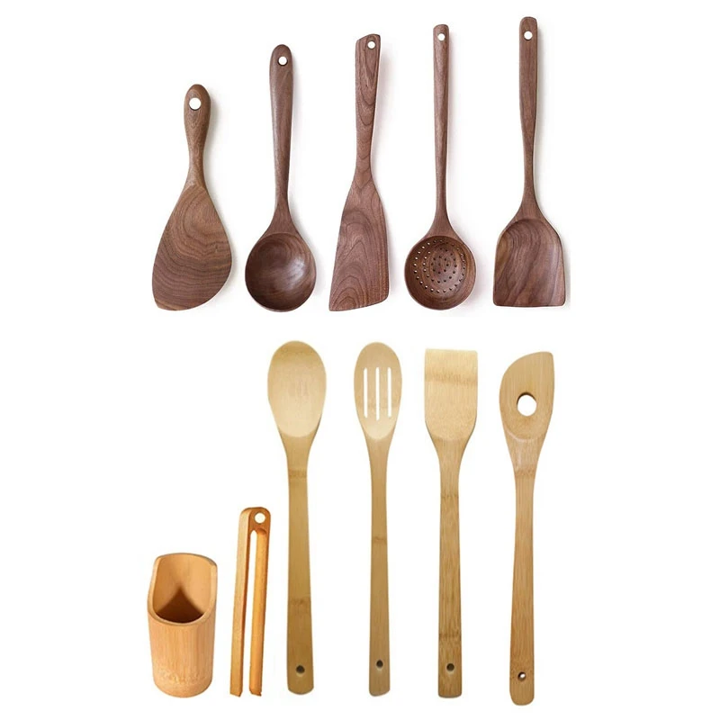 

1 Set Handmade Natural Walnut Wood Long Handle Cooking Utensils & 1 Set Cooking Utensils With Holder Spatula Fork