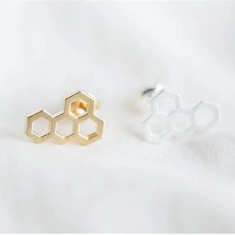 Fashion Honeycomb stud earrings Gold-color/silver plated/rose Gold-color Hexagonal shape ear studs wholesale | Украшения и