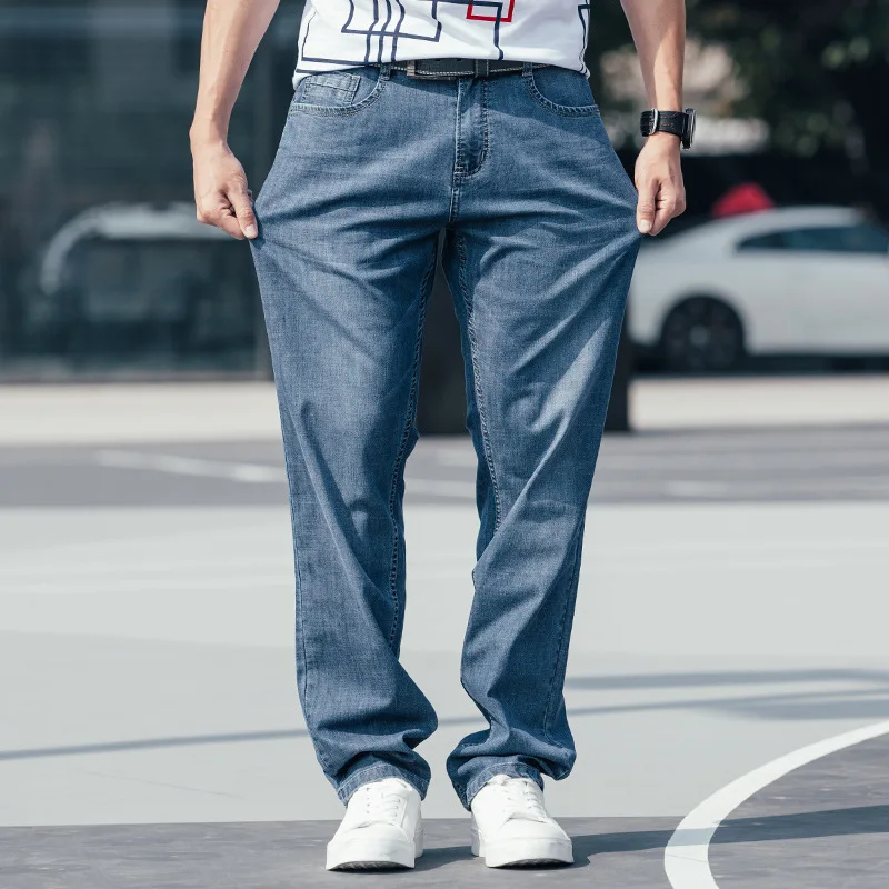 Summer Thin section Baggy Men Jeans Trousers Straight Large Size  Loose Elastic Denim Pants Hip Hop Streetwear Blue Jeans