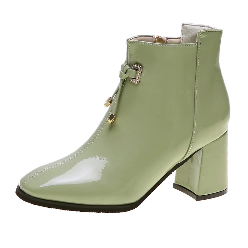 

Leather Ankle Boots With Zipper For Women, Motorcycle Boots, Rubber, High Heel, Green, For Autumn Shoes For Women
