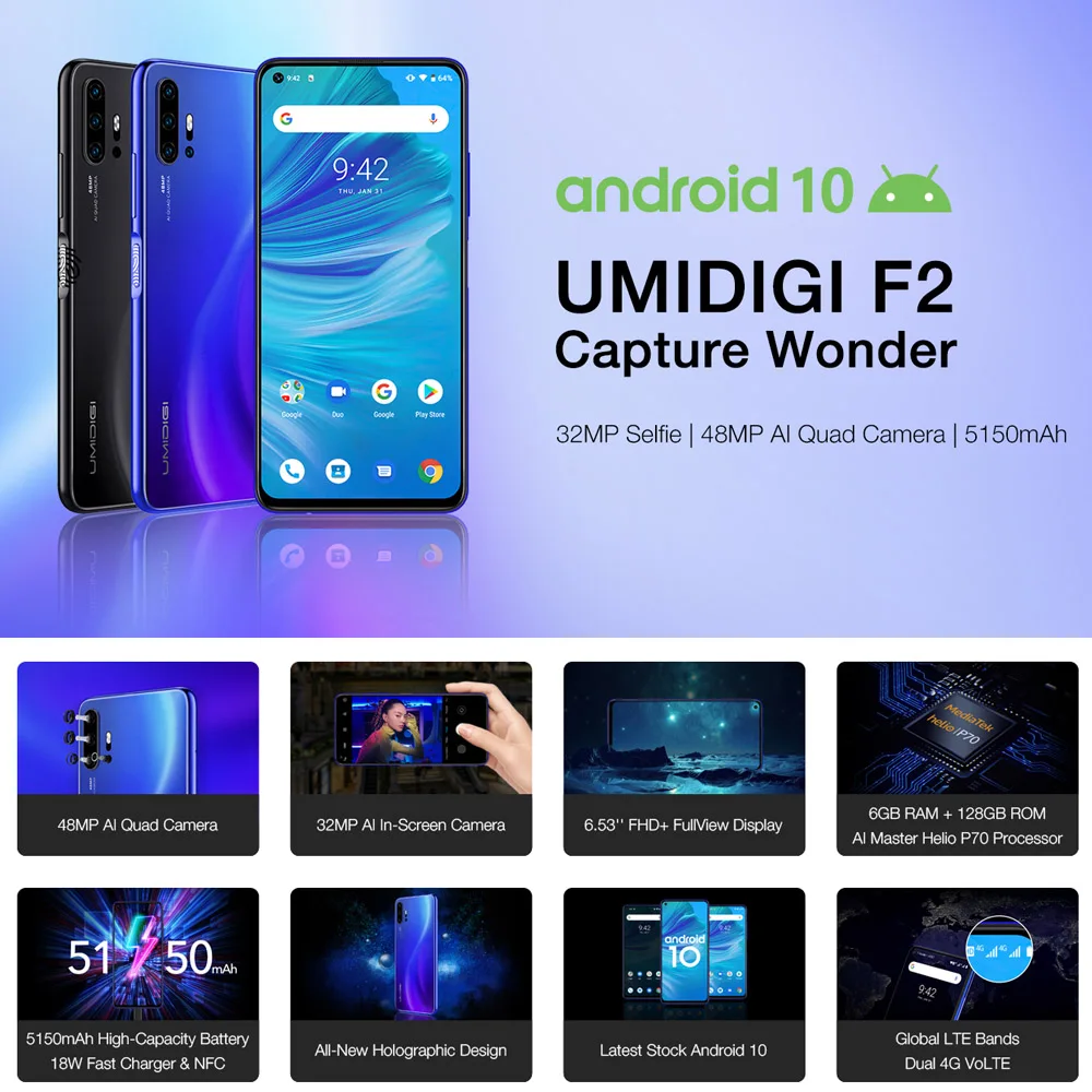 UMIDIGI F2 Android 10 глобальная версия 6 53 &quotFHD + ГБ 128 48MP AI Quad camera 32MP Selfie Helio P70 мобильный