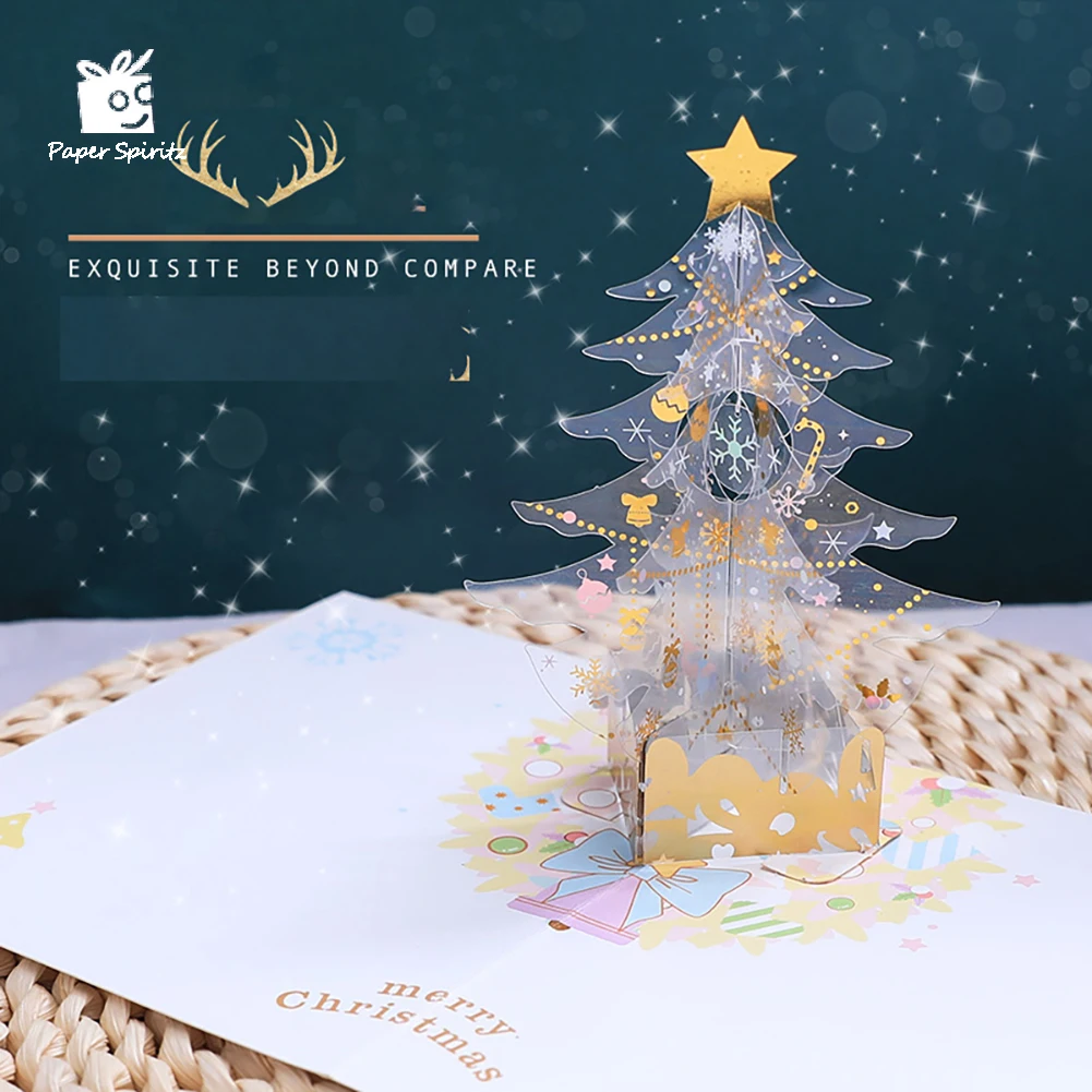 

3D Pop-Up Christmas Tree Card Handmade Paper Greeting Invitations Card Sparkling Stars Decorative Merry Xmas Stocking Present