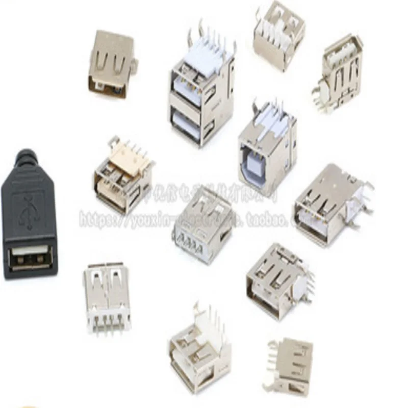 10PCS/lot USB socket A type female socket A/B female straight plug bent foot patch/side plug/square mouth 90 degree 180 degree