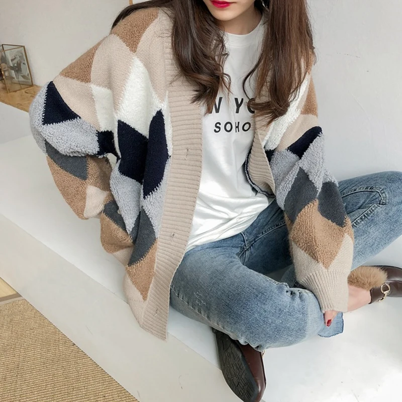 Autumn and winter cardigan sweater women vintage loose v-neck knitted open stitch jumpers warm dots tops 2019 |