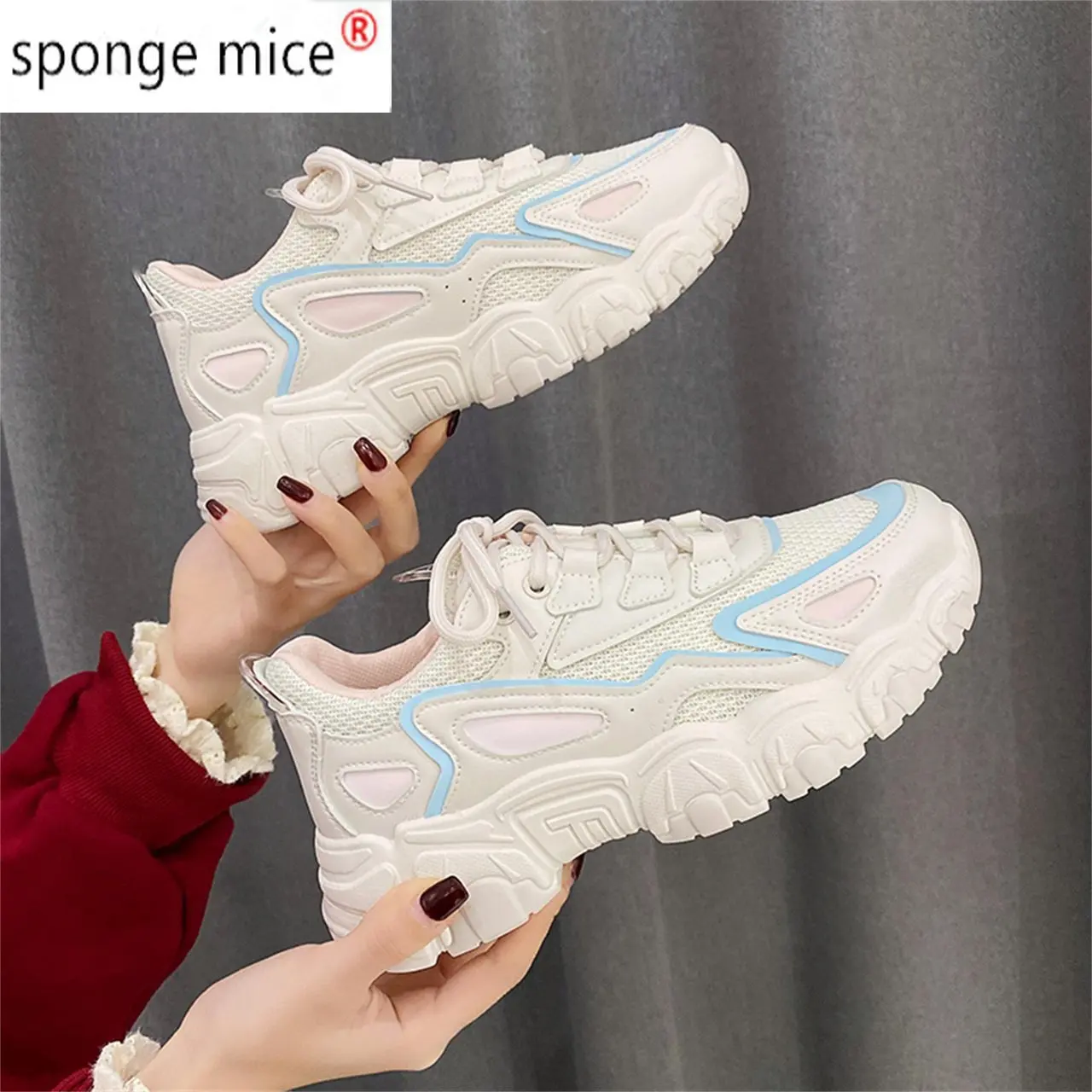 

2021 Spring White Sneakers for Women Daddy Shoe Thick Bottom Round Toe Breathing Leisure Female Vulcanize Shoes Tenis Feminino