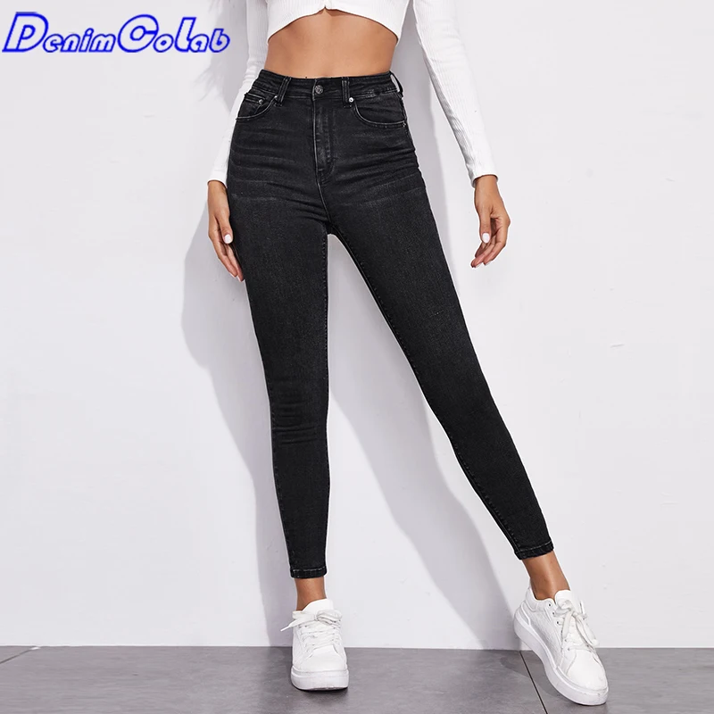 

Черные эластичные джинсовые брюки DenimColab с высокой талией, женские узкие облегающие брюки-карандаш, женские эластичные повседневные джинсо...